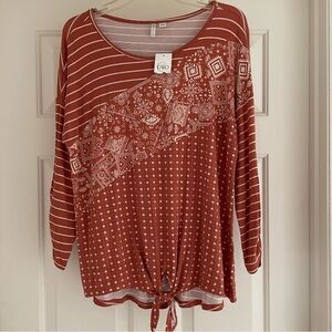 New Cato Scoop Neck Stretch Casual Top Brown White with Star Stripe & Paisley